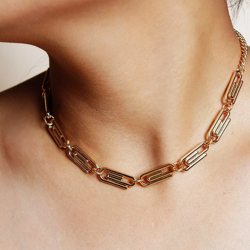 Vintage Paper Clip Choker Necklace Female Temperament Geometric Long Tassel Gold Color Clavicle Chain 2021