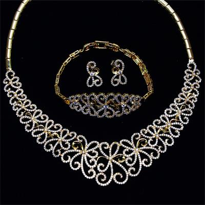 Vintage Pattern Design Limited Jewelry Gold-color Clear White Cubic Zircon Bridal Fashion Luxury Bracelet Earrings Necklace set