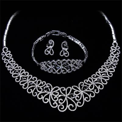 Vintage Pattern Design Limited Jewelry Gold-color Clear White Cubic Zircon Bridal Fashion Luxury Bracelet Earrings Necklace set