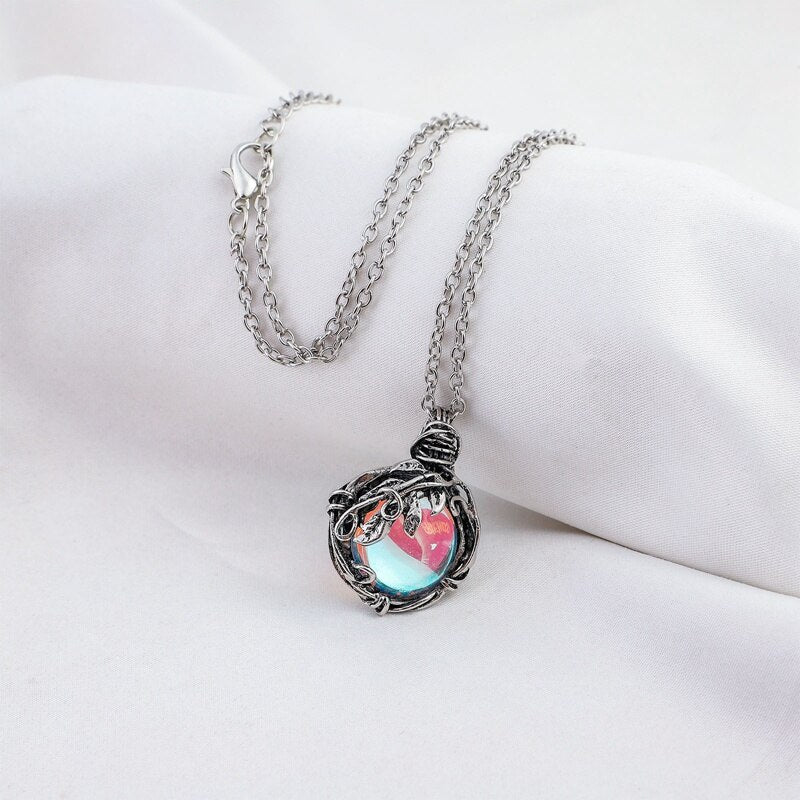 Vintage Pendant Mystic Rainbow Fire Crystal Necklaces For Women Silver Color Leaf Winding Wedding Necklace