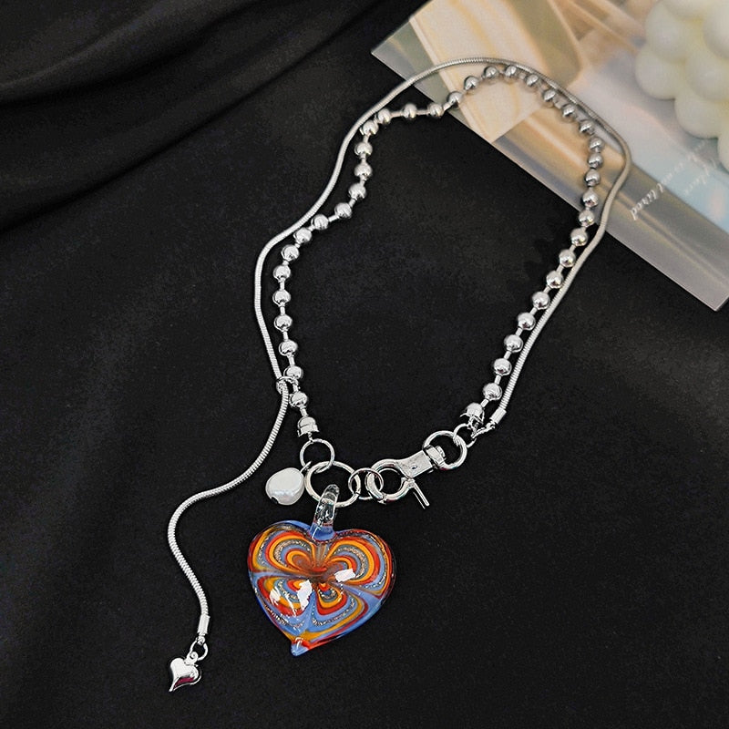 Vintage Punk Choker Female Color Coloured Glaze Big Heart Pendant Necklace Pearl Clavicle Chain For Hip Hop Women Jewelry Gifts