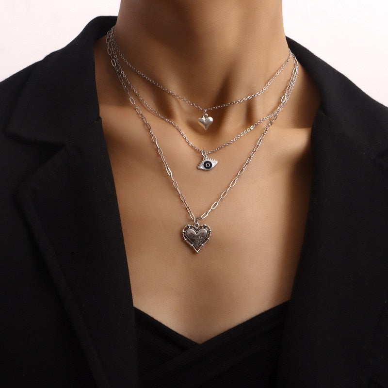 Vintage Punk Multilayer Choker Heart Evil Eye Pendant Chain Necklace for Women Hip Hop Silver Color Collar Party Jewelry Gift