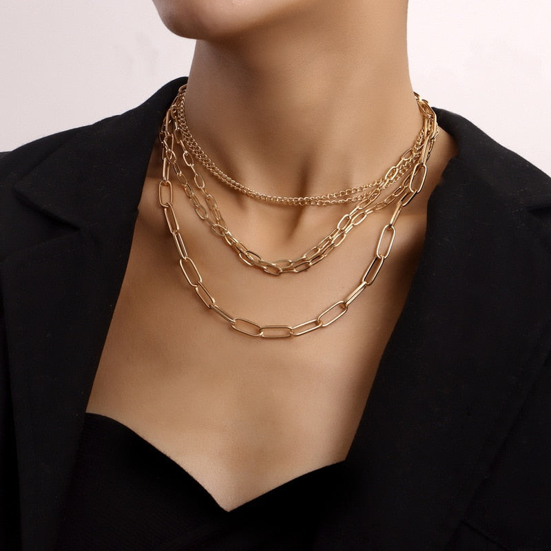 Vintage Punk Multilayer Metal Choker Chunky Chain Necklace for Women Hip Hop Gold Color Collar Party Jewelry Gift