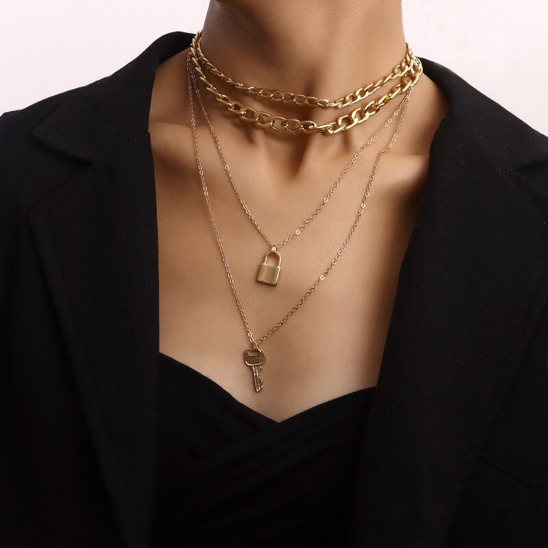 Vintage Punk Multilayer Metal Choker Lock Key Chain Necklace for Women Hip Hop Gold Color Collar Party Jewelry Gift