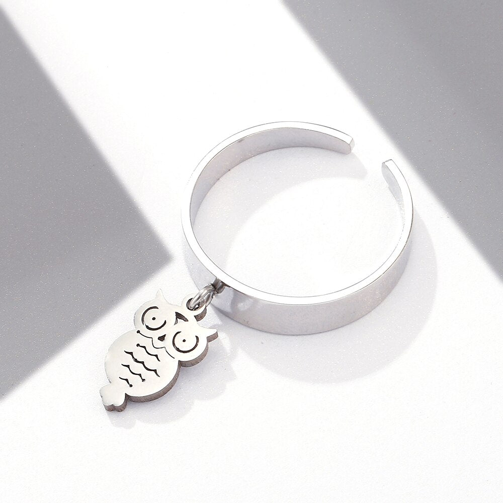 Vintage Punk Unisex Owl Pendant Rings For Men Women Adjustable Simple Jewelry Stainless Steel Classic Ring Gift  Accessories