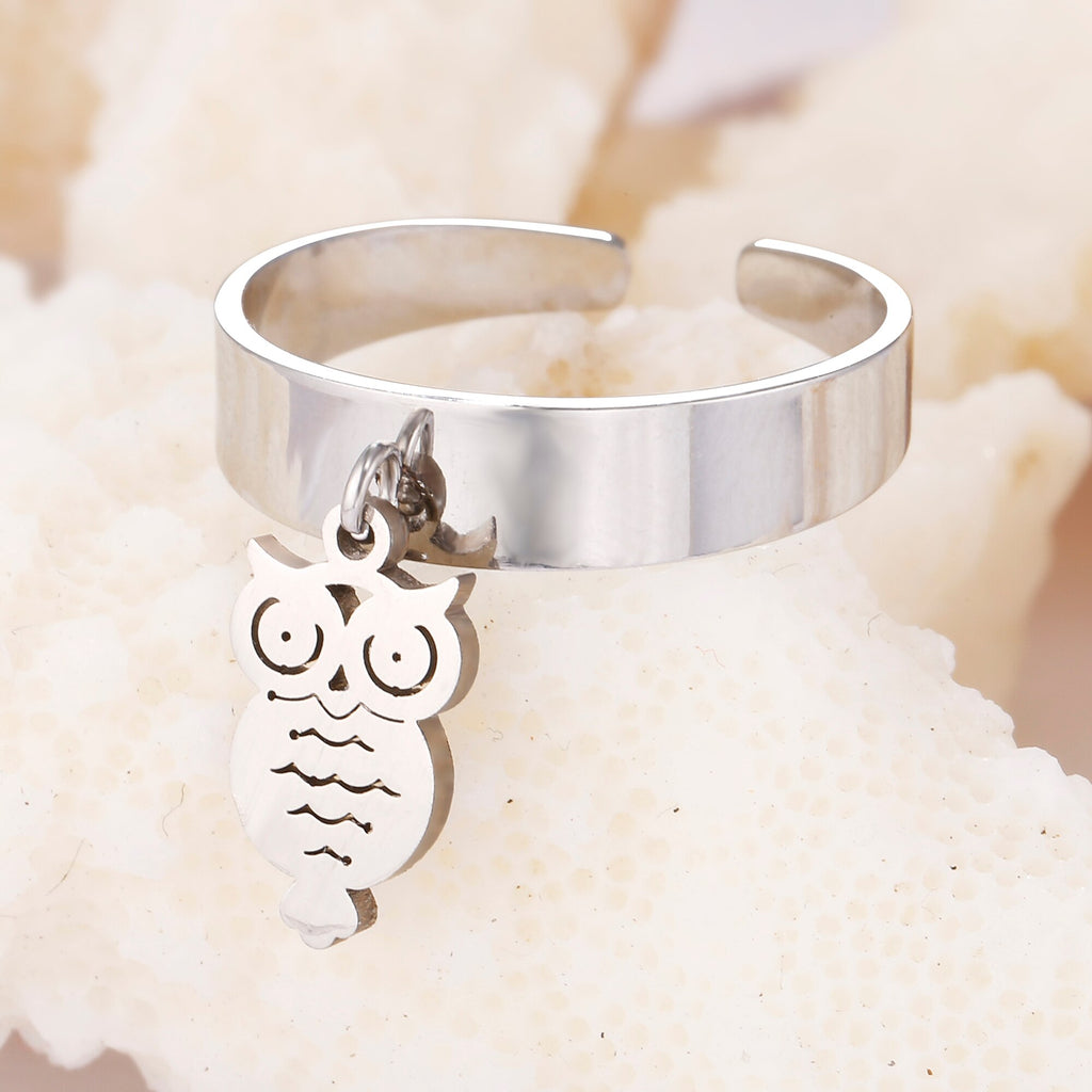 Vintage Punk Unisex Owl Pendant Rings For Men Women Adjustable Simple Jewelry Stainless Steel Classic Ring Gift  Accessories