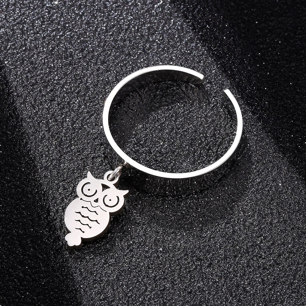 Vintage Punk Unisex Owl Pendant Rings For Men Women Adjustable Simple Jewelry Stainless Steel Classic Ring Gift  Accessories