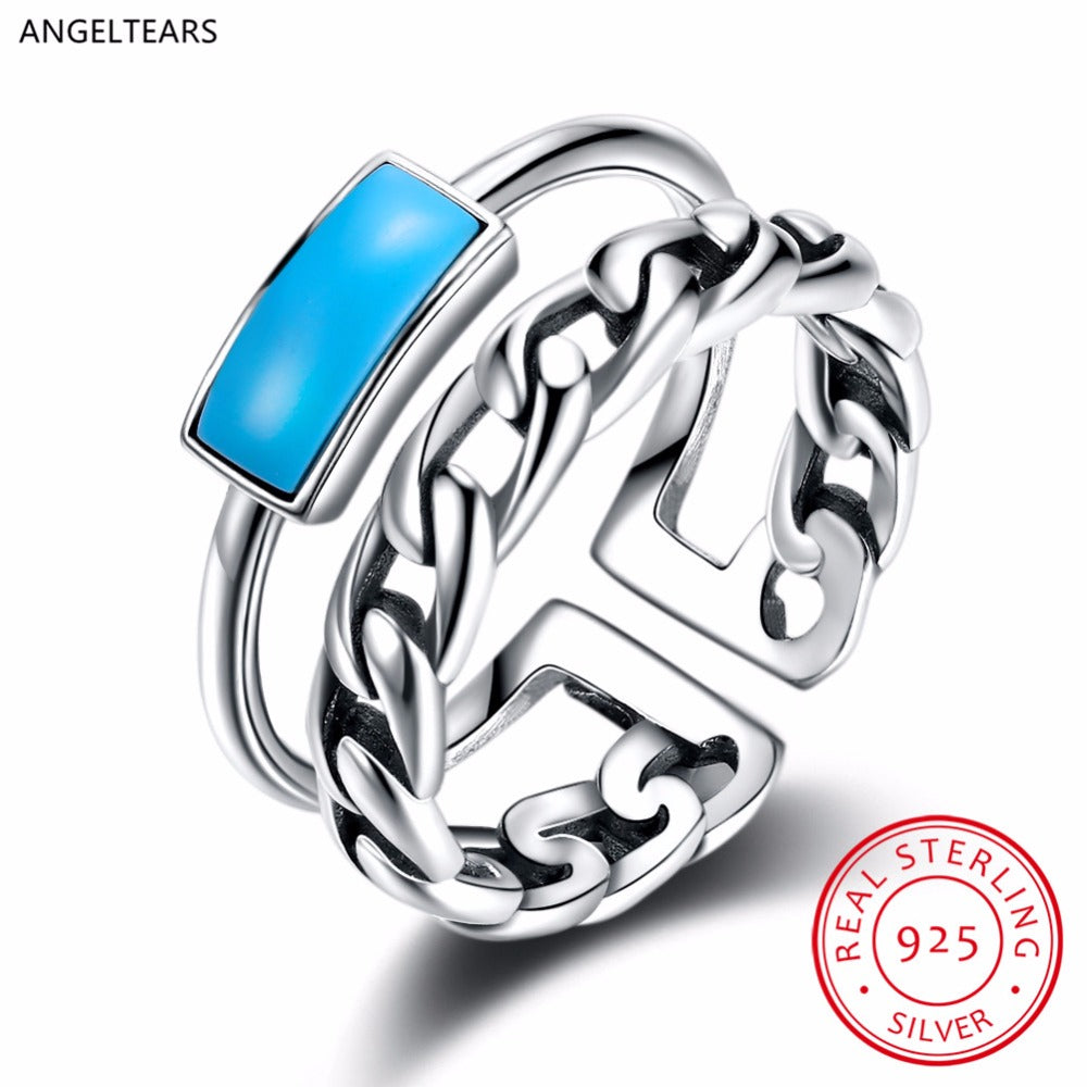Vintage Real 925 Sterling Silver Turquoise Opening Finger Ring Woman's Fashion Party Fine Jewelry drop shipping anel bague