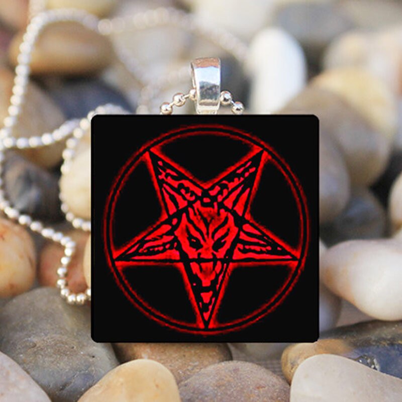 Vintage Red Black Pentagram Pattern Tile Chain Pendant Necklace Goat Devil Baphomet Necklace Satan Men Women Gothic Style Gifts