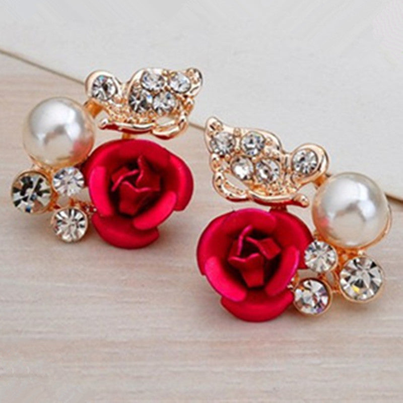 Vintage Red Rose Earrings Rose Gold Color Crystal Rhinestone Pearl Butterfly Flower Stud Earrings Women Gifts Wedding Jewelry