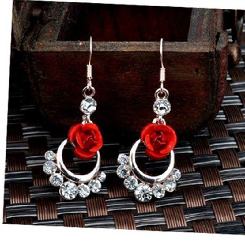 Vintage Red Rose Earrings Rose Gold Color Crystal Rhinestone Pearl Butterfly Flower Stud Earrings Women Gifts Wedding Jewelry