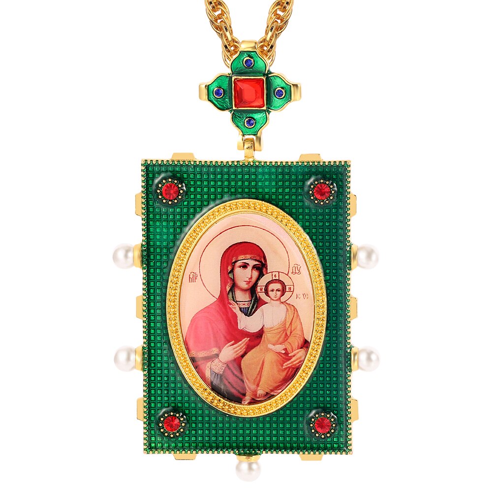 Vintage Religious Necklace Square Green Dripping Oil Necklace With Box Christian Church Priest Pectoral 120CM Christian Necklace