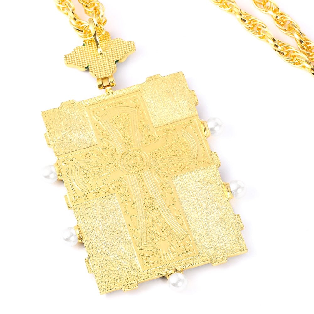 Vintage Religious Necklace Square Green Dripping Oil Necklace With Box Christian Church Priest Pectoral 120CM Christian Necklace