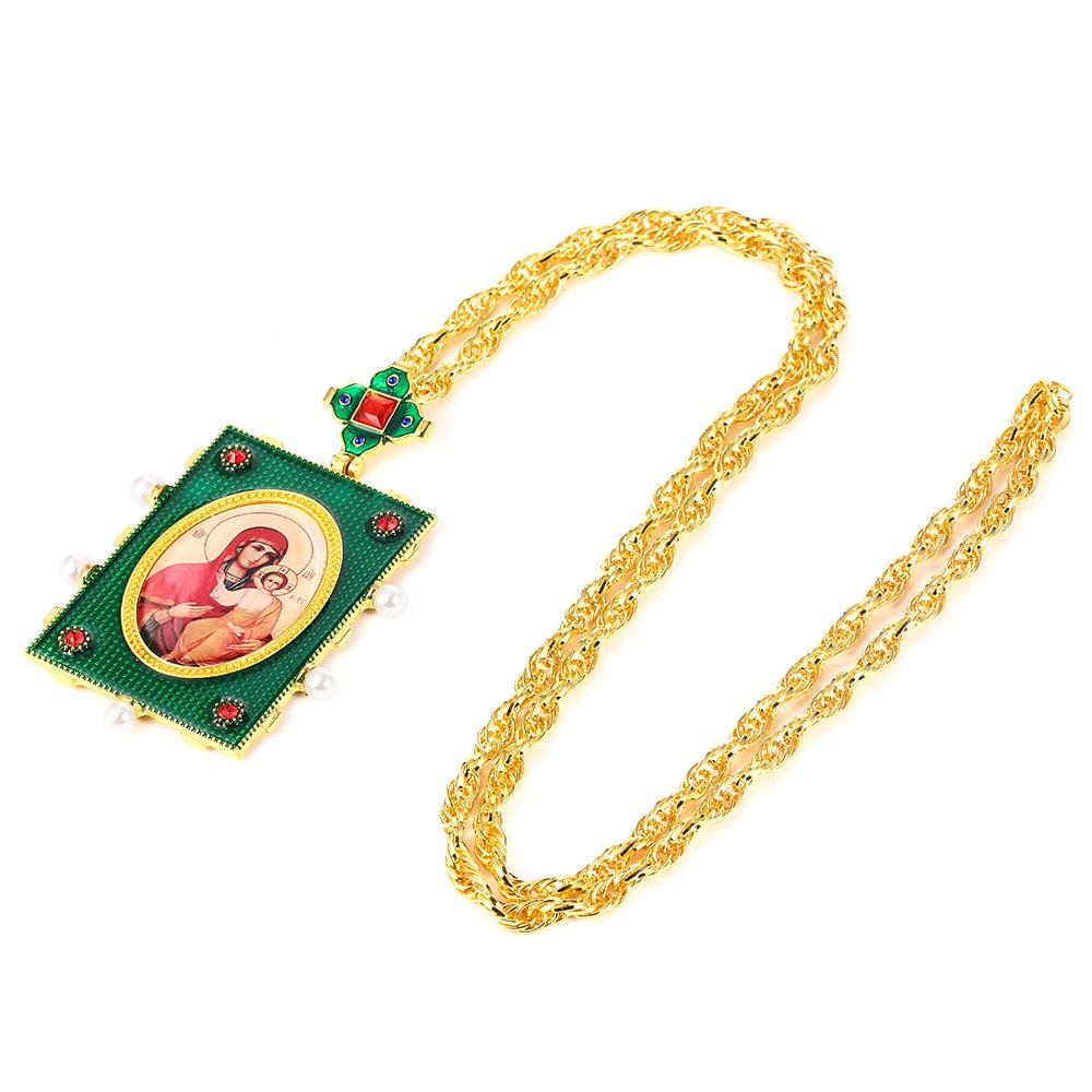 Vintage Religious Necklace Square Green Dripping Oil Necklace With Box Christian Church Priest Pectoral 120CM Christian Necklace