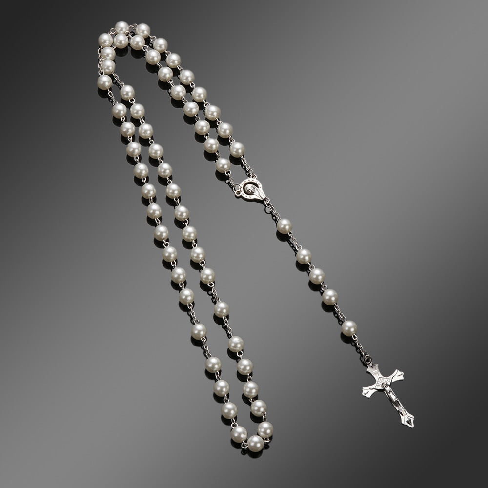 Vintage Rosary Beads Cross Necklace Crystal Bead Catholic Necklace Religious Virgin Mary Pendant Necklace Jewelry Gift