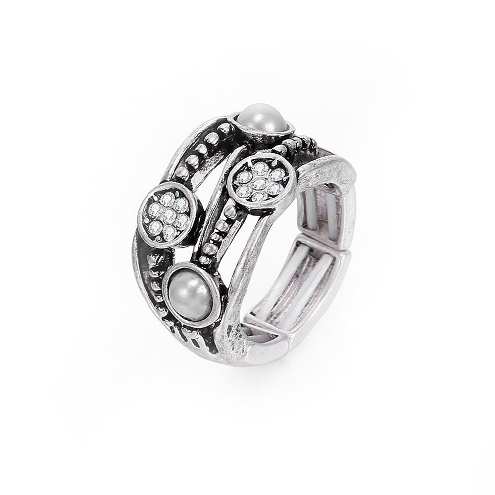 Vintage Round Flower Pearl Rings Ancient Silver Color Crystal Ring For Woman Man Retro Adjustable Jewelry Party Gifts