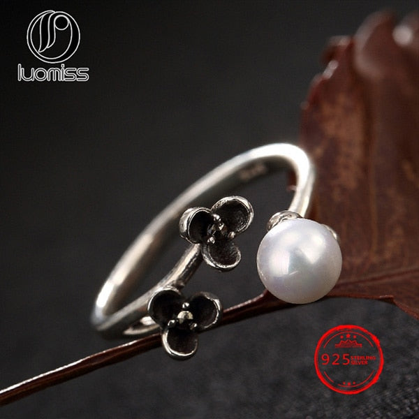 Vintage S925 Sterling Silver Leaf Plum Hetian Jade White Jade Pearl Open Ring