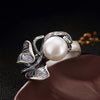 Vintage S925 Sterling Silver Leaf Plum Hetian Jade White Jade Pearl Open Ring