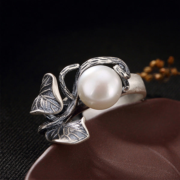 Vintage S925 Sterling Silver Leaf Plum Hetian Jade White Jade Pearl Open Ring