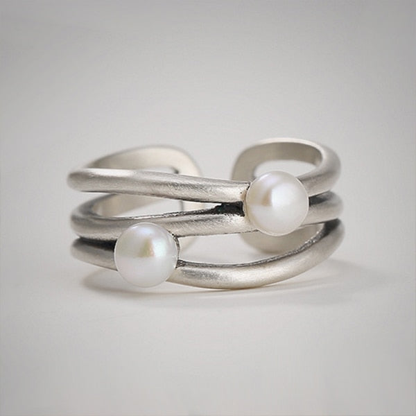 Vintage S925 Sterling Silver Leaf Plum Hetian Jade White Jade Pearl Open Ring