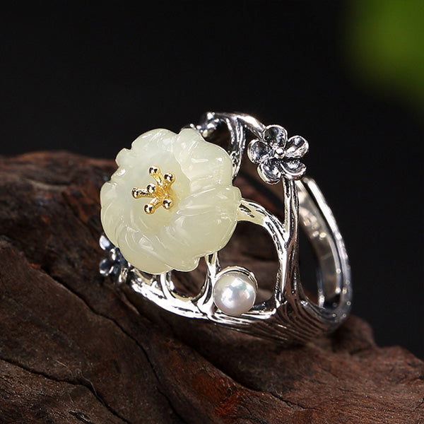 Vintage S925 Sterling Silver Leaf Plum Hetian Jade White Jade Pearl Open Ring