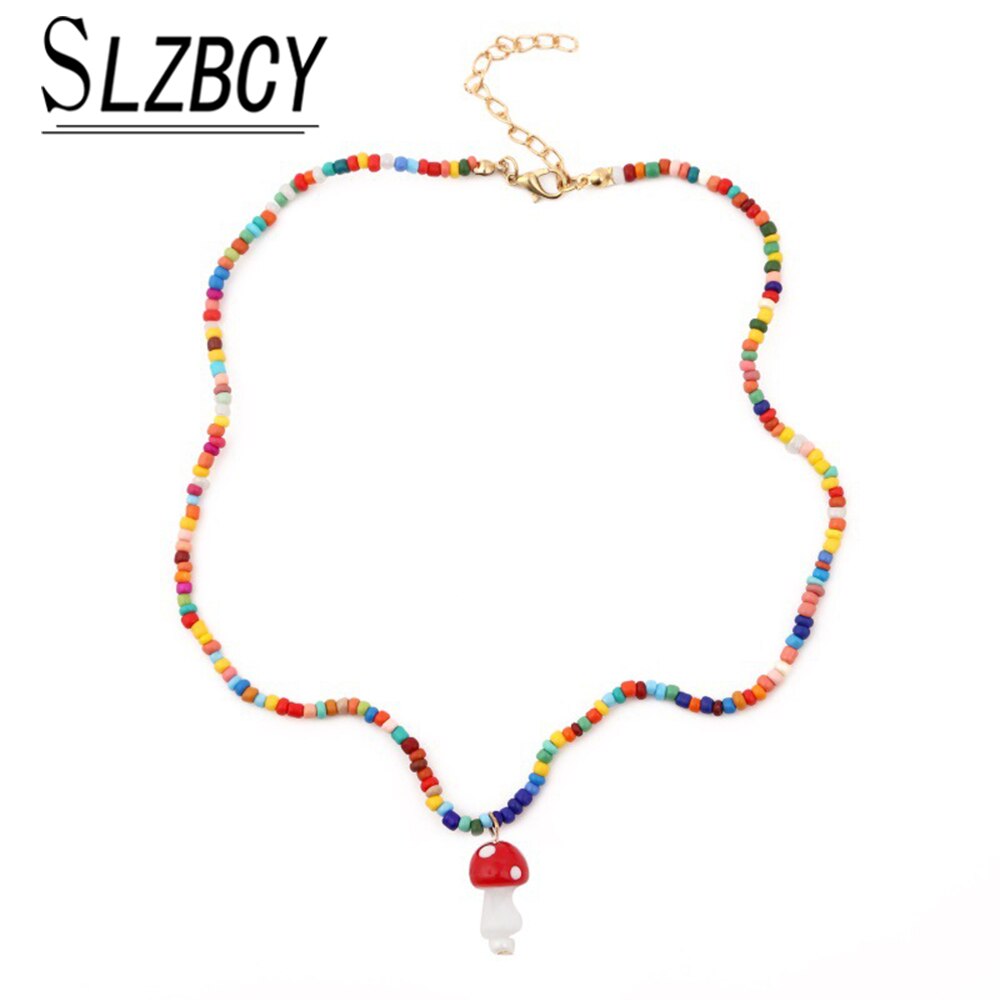 Vintage Seed Beads Chain Necklace for Gilrs Metal Buckle Mushroom Pendant Statement Choker  Bulk