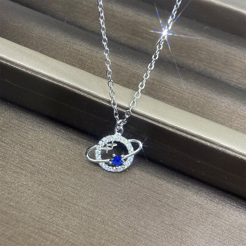 Vintage Shining Zircon Planet 925 Silver Necklaces Delicate Star Earth Universe Necklace Retro Party Wedding Women Jewelry Gift
