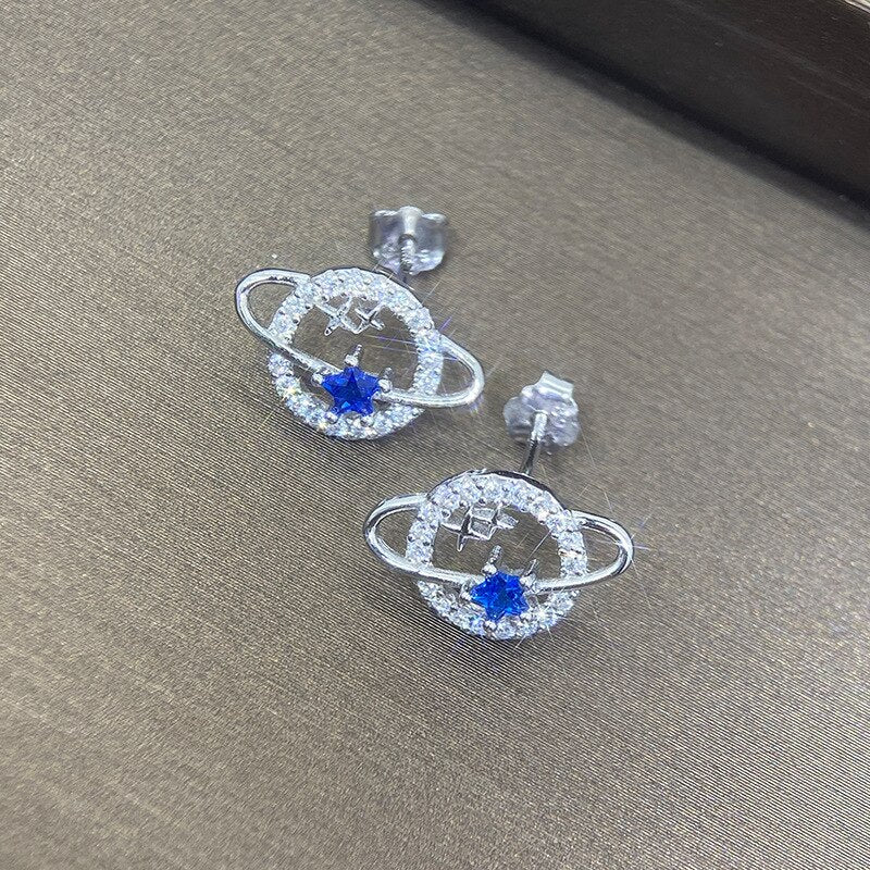 Vintage Shining Zircon Planet Ear Studs  Delicate 925 Silver Star Earth Stud Earrings Retro Party Wedding Women Jewelry Gift