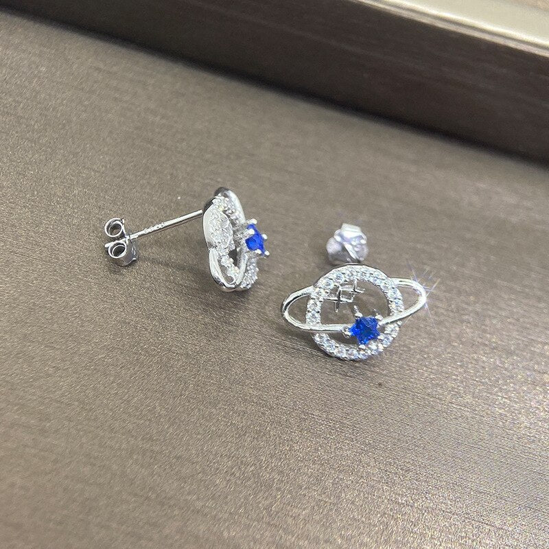 Vintage Shining Zircon Planet Ear Studs  Delicate 925 Silver Star Earth Stud Earrings Retro Party Wedding Women Jewelry Gift
