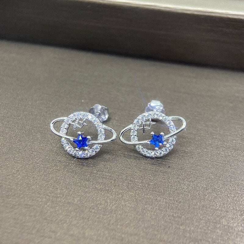 Vintage Shining Zircon Planet Ear Studs  Delicate 925 Silver Star Earth Stud Earrings Retro Party Wedding Women Jewelry Gift