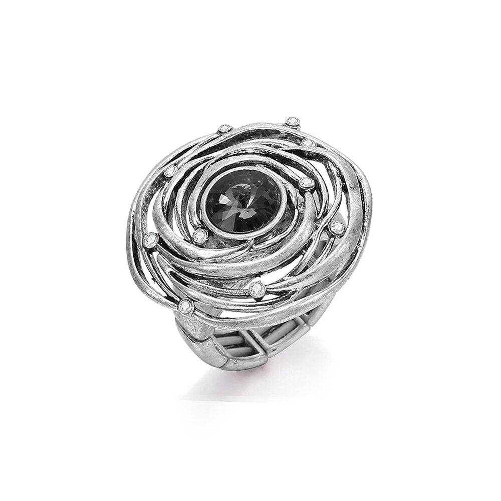 Vintage Silver Color Big Flower Rings For Women Retro Black Glass White Crystal Adjustable Punk Ring Gift For Men Female Jewelry