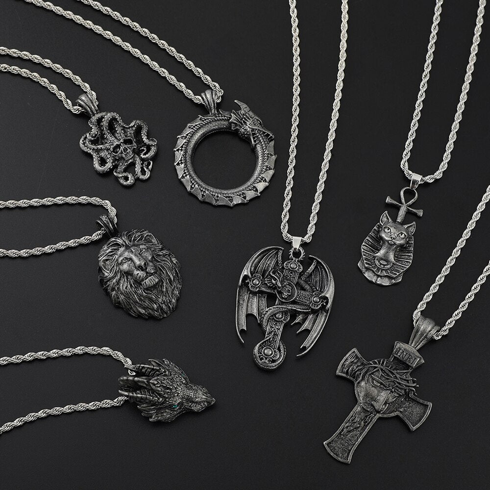 Vintage Silver Color Dragon Pendant Necklace Christian Religion Cross Men Women Punk Pendant Necklace Jewelry