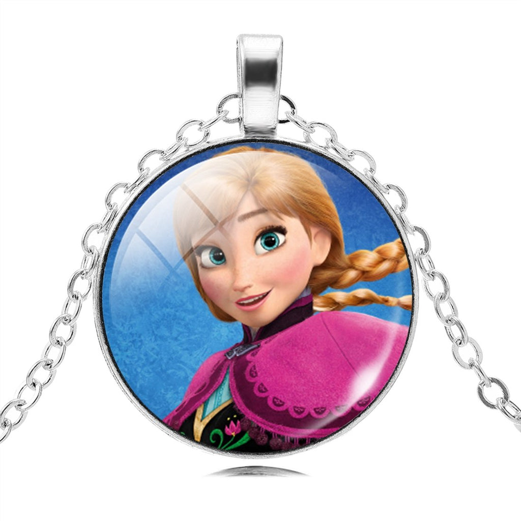 Vintage Silver Color Long Chain Jewelry Necklace Crystal Cabochon Princess Elsa Anna Pendant Necklace Girl Choker Silver Color