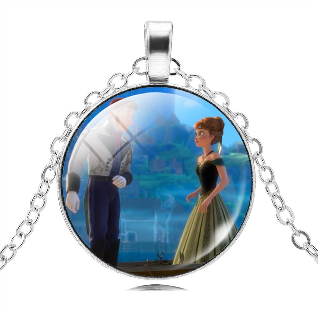 Vintage Silver Color Long Chain Jewelry Necklace Crystal Cabochon Princess Elsa Anna Pendant Necklace Girl Choker Silver Color
