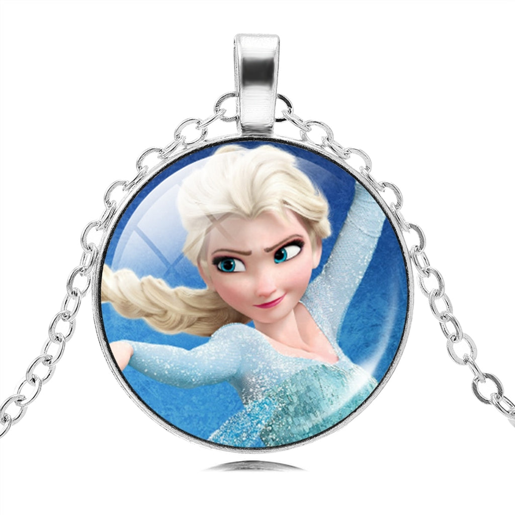 Vintage Silver Color Long Chain Jewelry Necklace Crystal Cabochon Princess Elsa Anna Pendant Necklace Girl Choker Silver Color