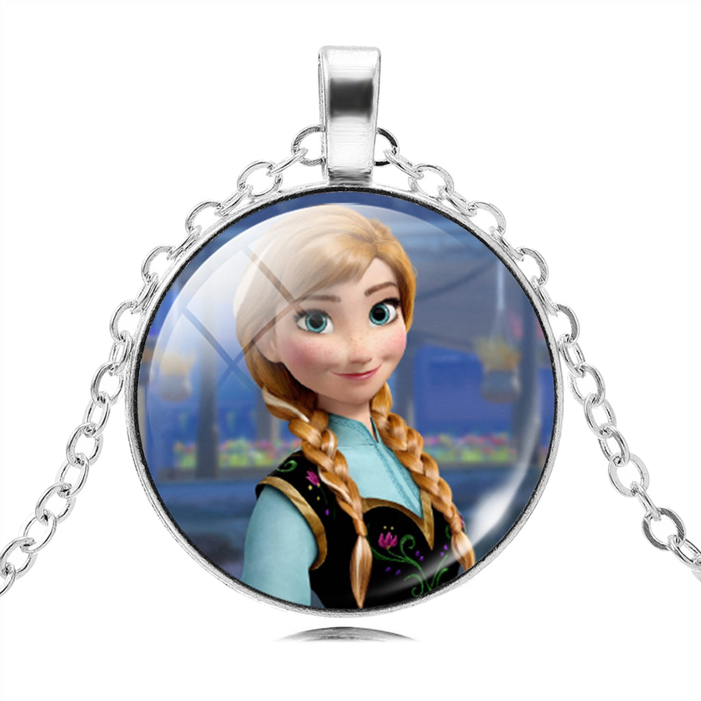 Vintage Silver Color Long Chain Jewelry Necklace Crystal Cabochon Princess Elsa Anna Pendant Necklace Girl Choker Silver Color