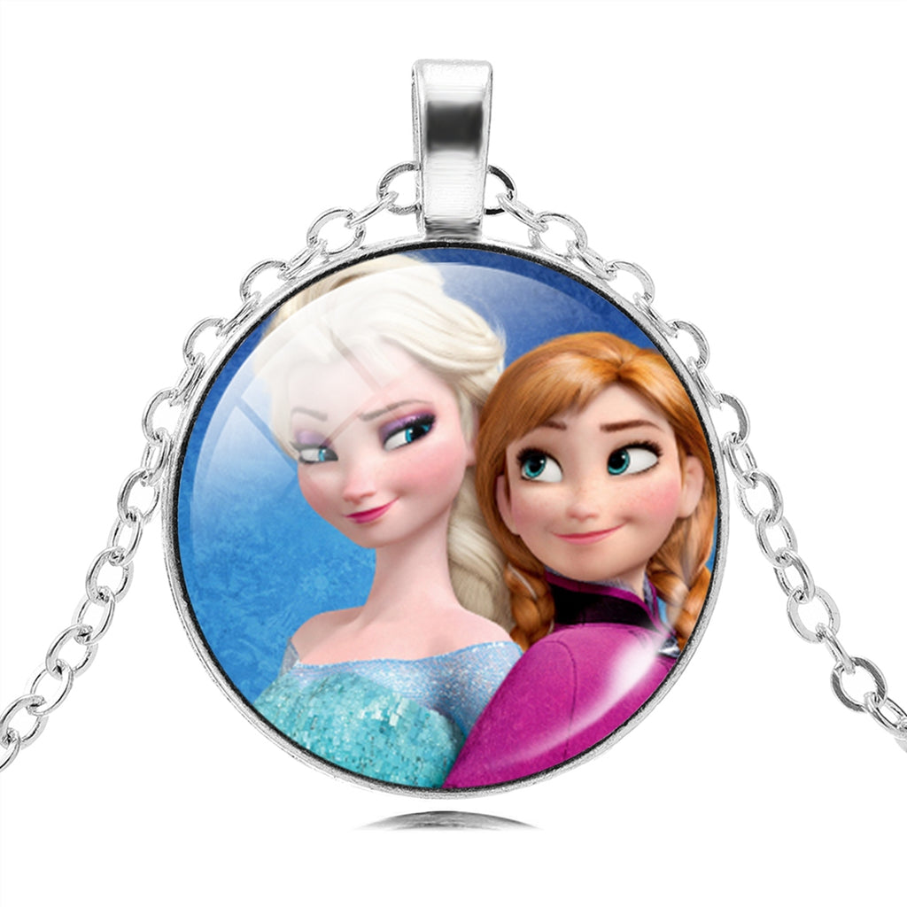 Vintage Silver Color Long Chain Jewelry Necklace Crystal Cabochon Princess Elsa Anna Pendant Necklace Girl Choker Silver Color