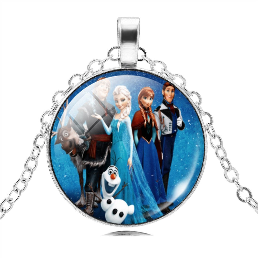 Vintage Silver Color Long Chain Jewelry Necklace Crystal Cabochon Princess Elsa Anna Pendant Necklace Girl Choker Silver Color