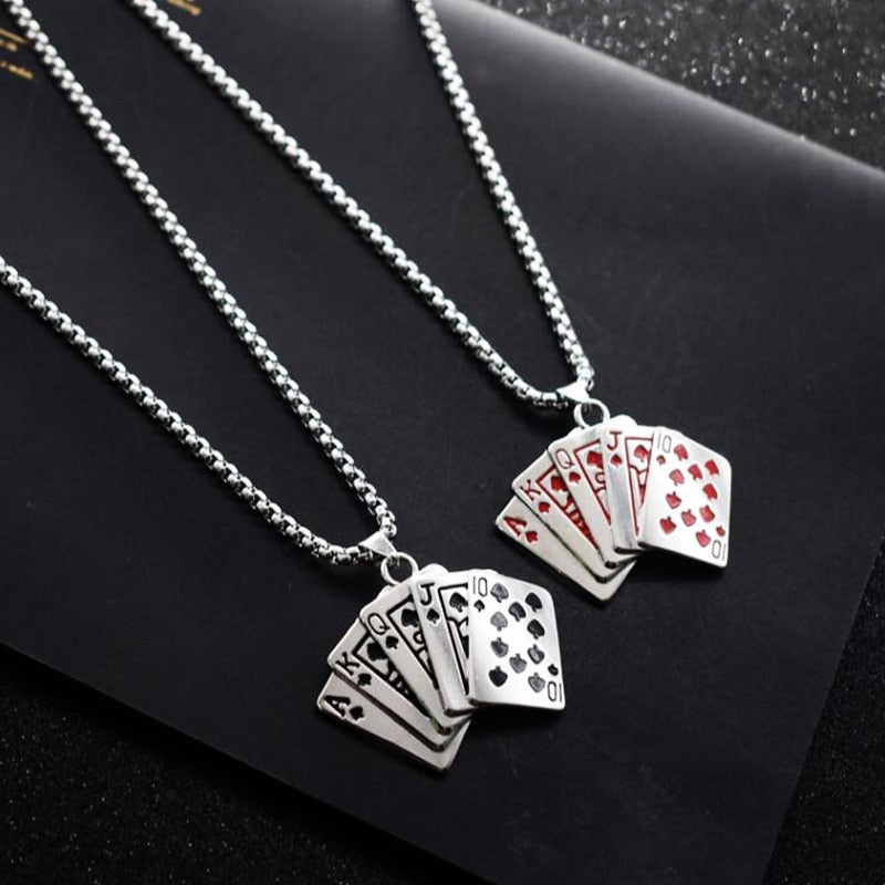 Vintage Silver Color Straight Flush Pendant Necklace Red Black Color Chain Poker Necklace For Men Women Hip Hop Jewelry