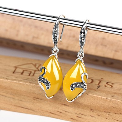 Vintage Silver Earrings Yellow Agate Pomegranate Water Drop Silver 925 Earrings for Women Banquet 2020 Earrings Fine Jewelry
