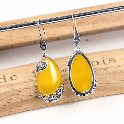Vintage Silver Earrings Yellow Agate Tibetan Peacock Long 925 Silver Earrings Water Drop Earrings for Women Wedding Fine Jewelry