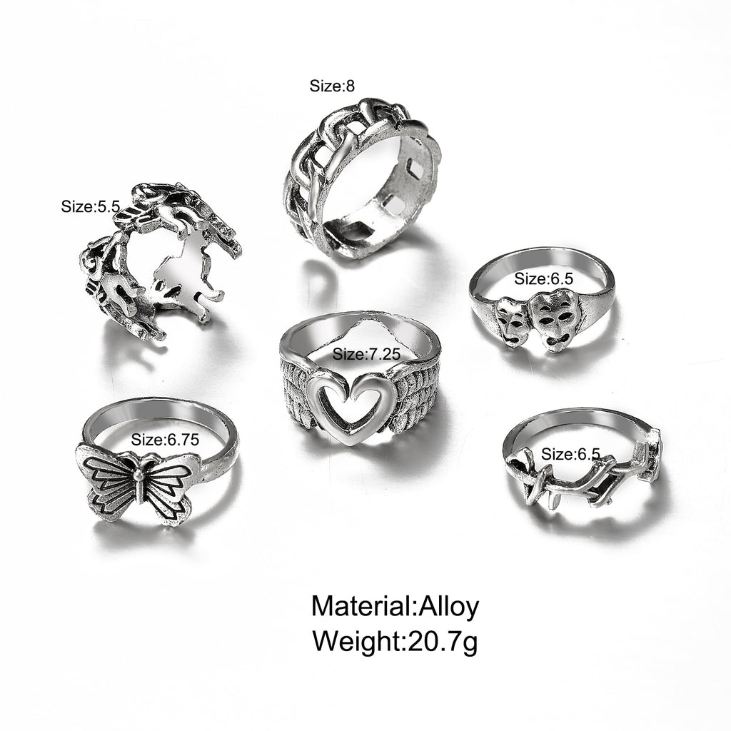 Vintage Silver Plated Angel Wings Ring for Womens Gothic Punk Steampunk Heart Butterfly Skull Ring Sets Party Jewelry 2021