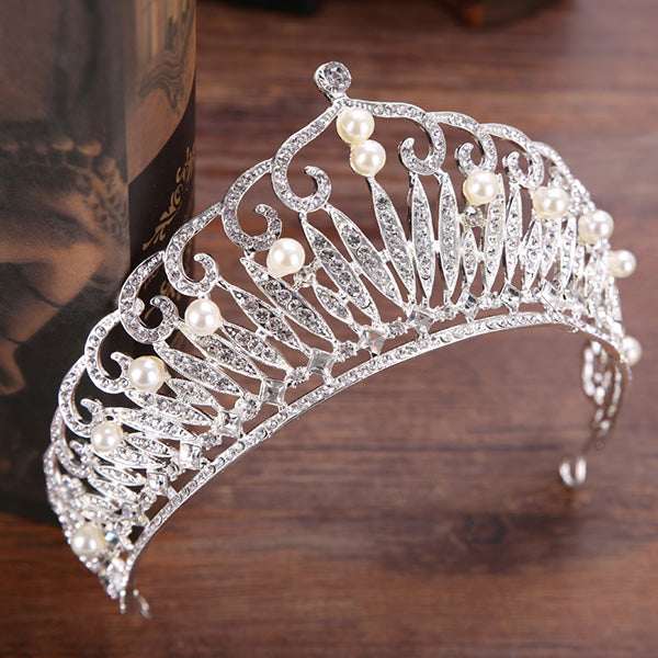Vintage Silver Rhinestone Pearl Bride Tiara Crown Hair Jewelry Queen Crown For Wedding Exquisite Hair Accessories