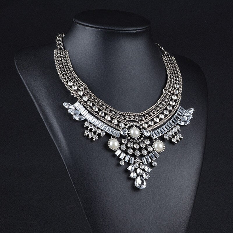 Vintage Silvered Choker Collar Necklace Pearls Beaded Crystal Statemen