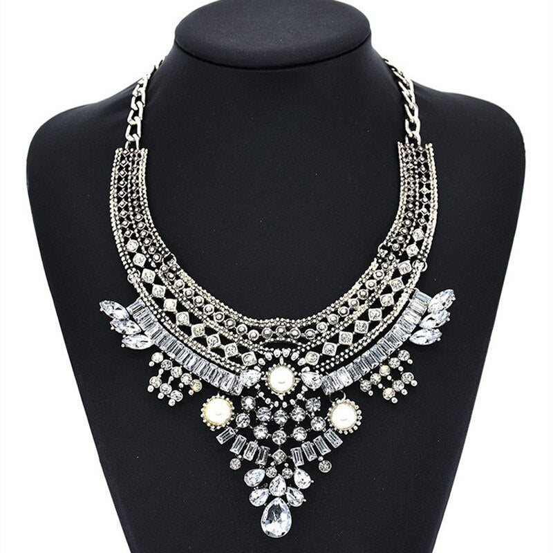 Vintage Silvered Choker Collar Necklace Pearls Beaded Crystal Statement Maxi Long Necklace Femme Layered Enthic Collar Jewelry