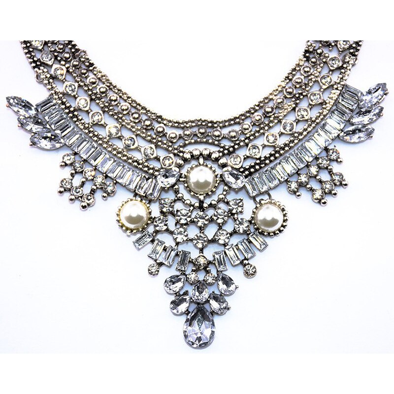 Vintage Silvered Choker Collar Necklace Pearls Beaded Crystal Statement Maxi Long Necklace Femme Layered Enthic Collar Jewelry