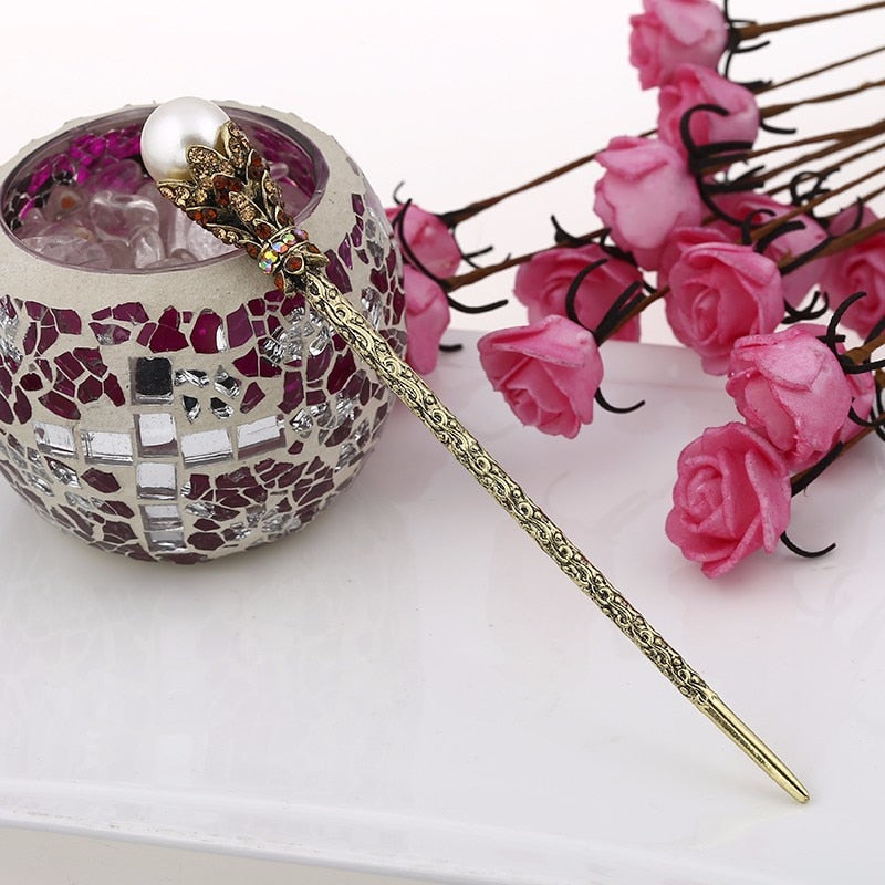 Vintage Simulated Pearl Hair Sticks hair Clip For Bride Crystal Rhinestone Hairpin Hair Accessories Jewelry
