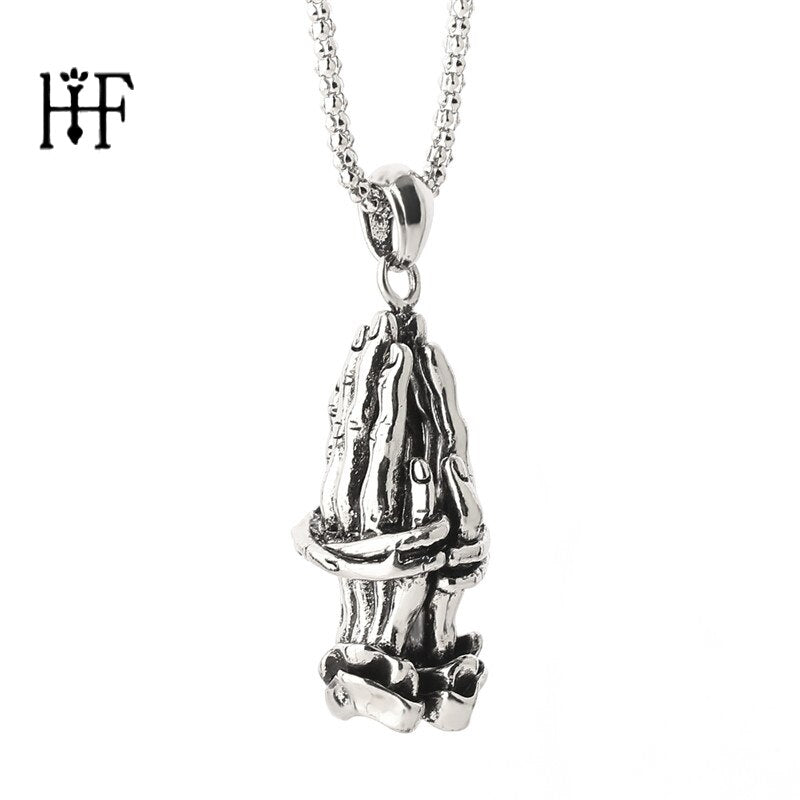 Vintage Skull Never Die Hands Together Pendant Necklaces Men Rock Punk Necklace Men