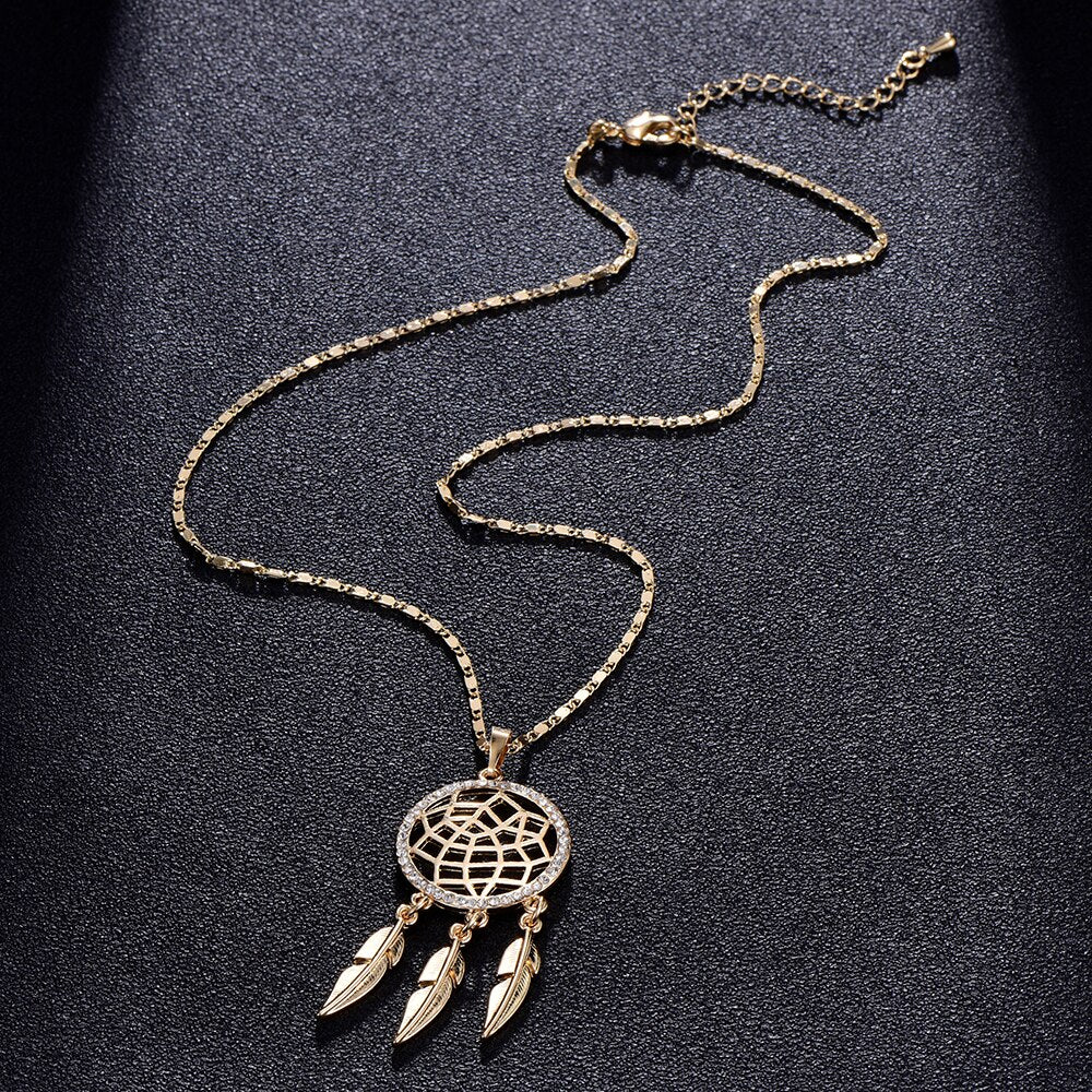 Vintage Small Dream Catcher Pendant Necklace For Woman Gold Silvery Chain Clear Crystal Feather Chokers Female Jewelry