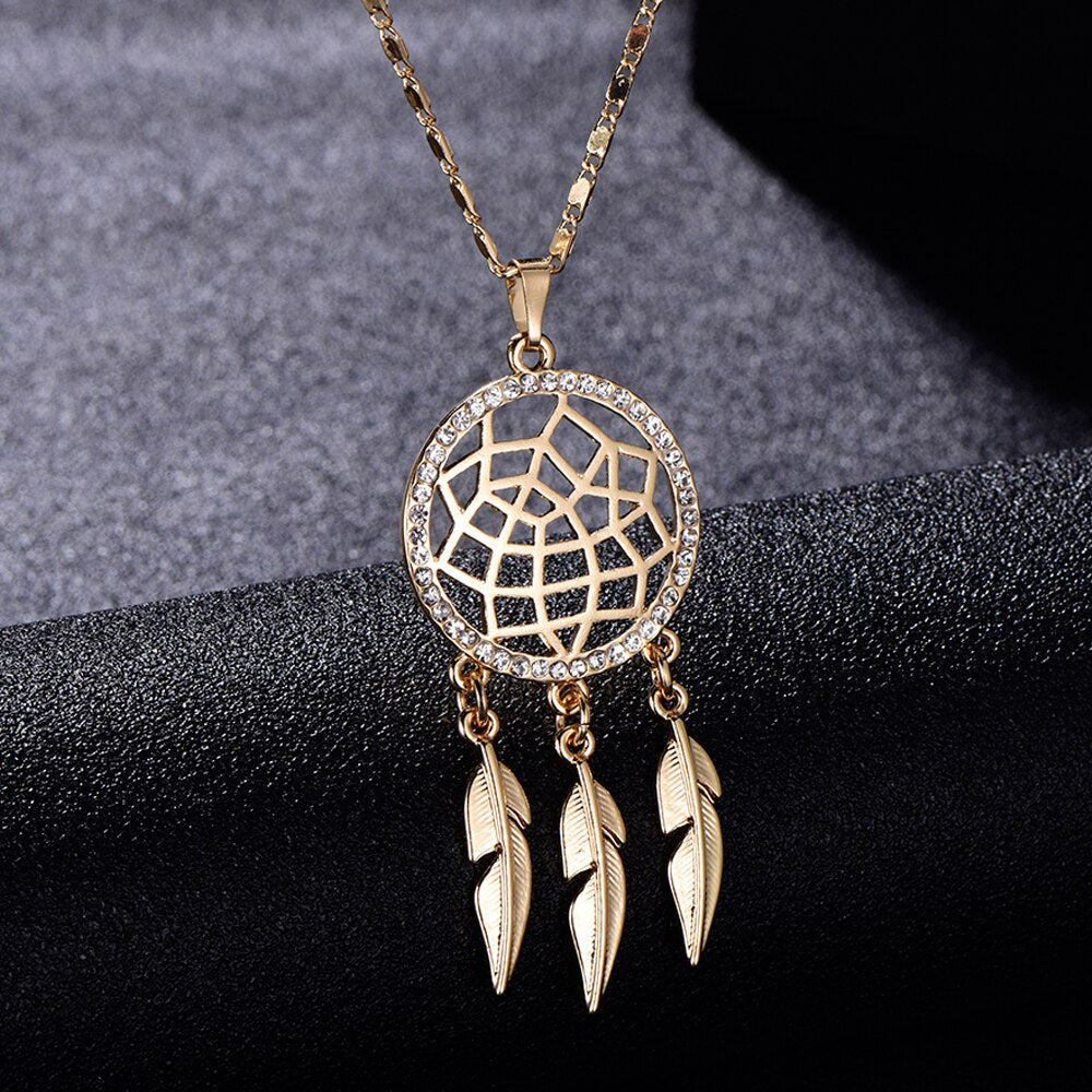 Vintage Small Dream Catcher Pendant Necklace For Woman Gold Silvery Chain Clear Crystal Feather Chokers Female Jewelry